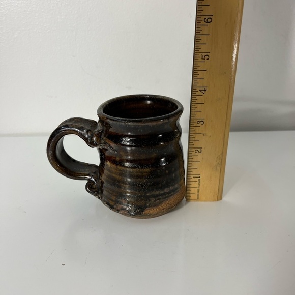 Handmade Wheel Thrown Pottery Mug Dark Chocolate Brown Glaze Funky Handle - Picture 8 of 8